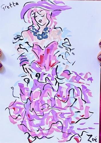 Live illustration of a woman in a frothy purple dress and a purple hat at the London Colour Walk by Zoe Parker Illustration.jpg