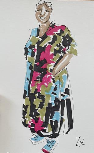 Bromley Ladies Who Latte Business Showcase Live Illustration woman in printed dress by Zoe Parker Illustrationa.jpg