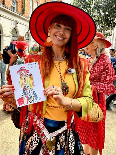 woman with red hat holding live fashion illustration by Zoe Parker illustration at the London Colour Walk.jpg